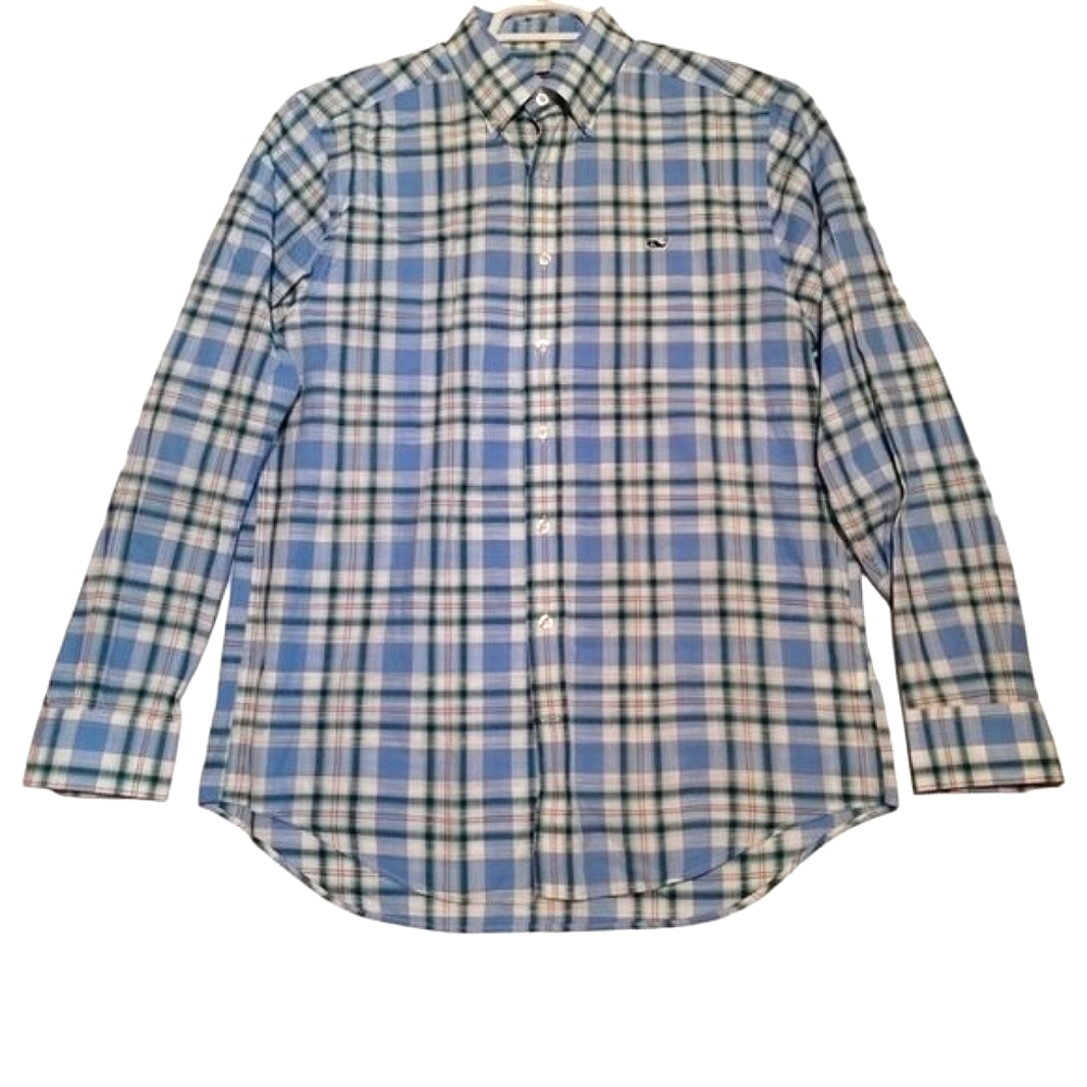 Vineyard Vines Mens Slim Fit Whale Dress Shirt Size M Blue Plaid 100% Cotton